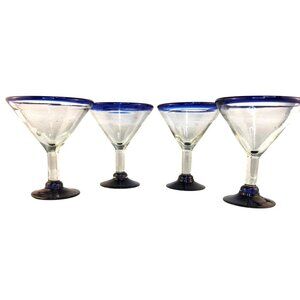 Retro MEXICO Hand Blown Cobalt Rim & Foot 12oz Stemmed MARTINI GLASSES Set of 4